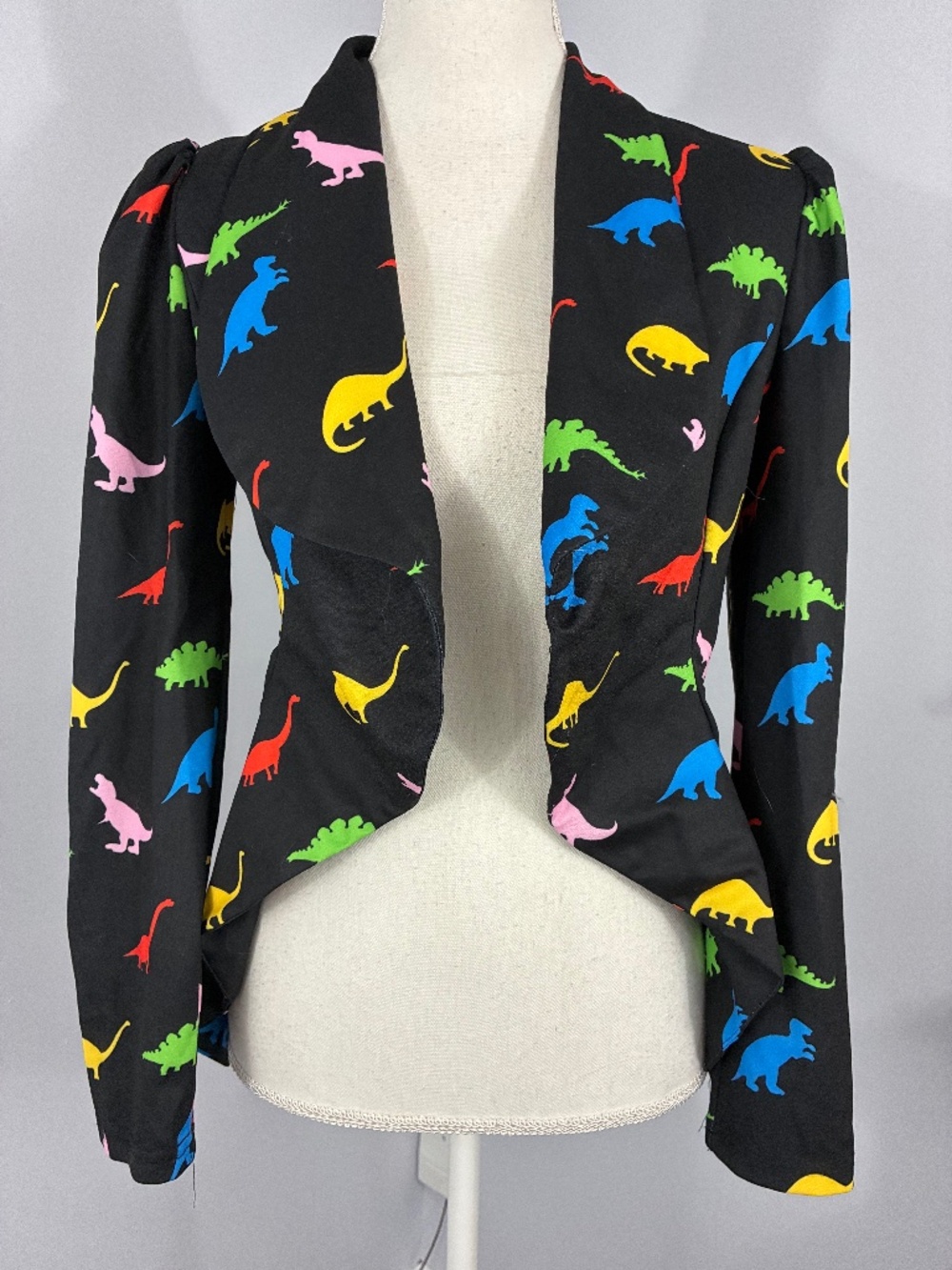 Dinosaur Ringmaster Blazer XS Rainbow Black Open Front High Low Collared Jacket
